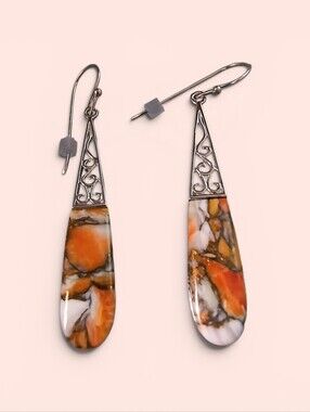 Spiny Oyster Shell And Sterling Silver Long Teardrop Dangle Earrings Brand New
